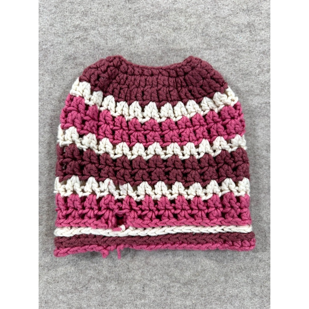 Handmade Crochet Beanie Hat Womens Multicolor Striped Open Knit Winter Wear